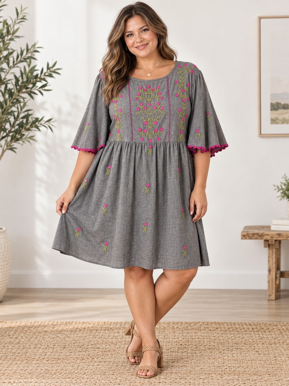 Uncle Frank NWT XL Gray Pink Floral Embroidered Bell Sleeve Dress